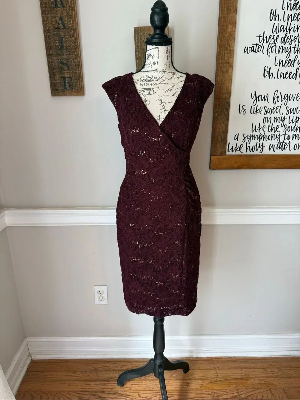 Lauren Ralph Lauren Women’s Wrap V-Neck Sequin Mini Sheath Dress Burgundy Size 4